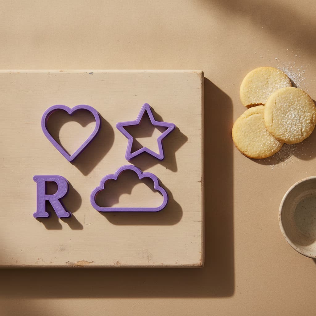Violet 3D-printed cookie cutters — a heart, a star, a letter, and a cloud — on an ivory atelier bench