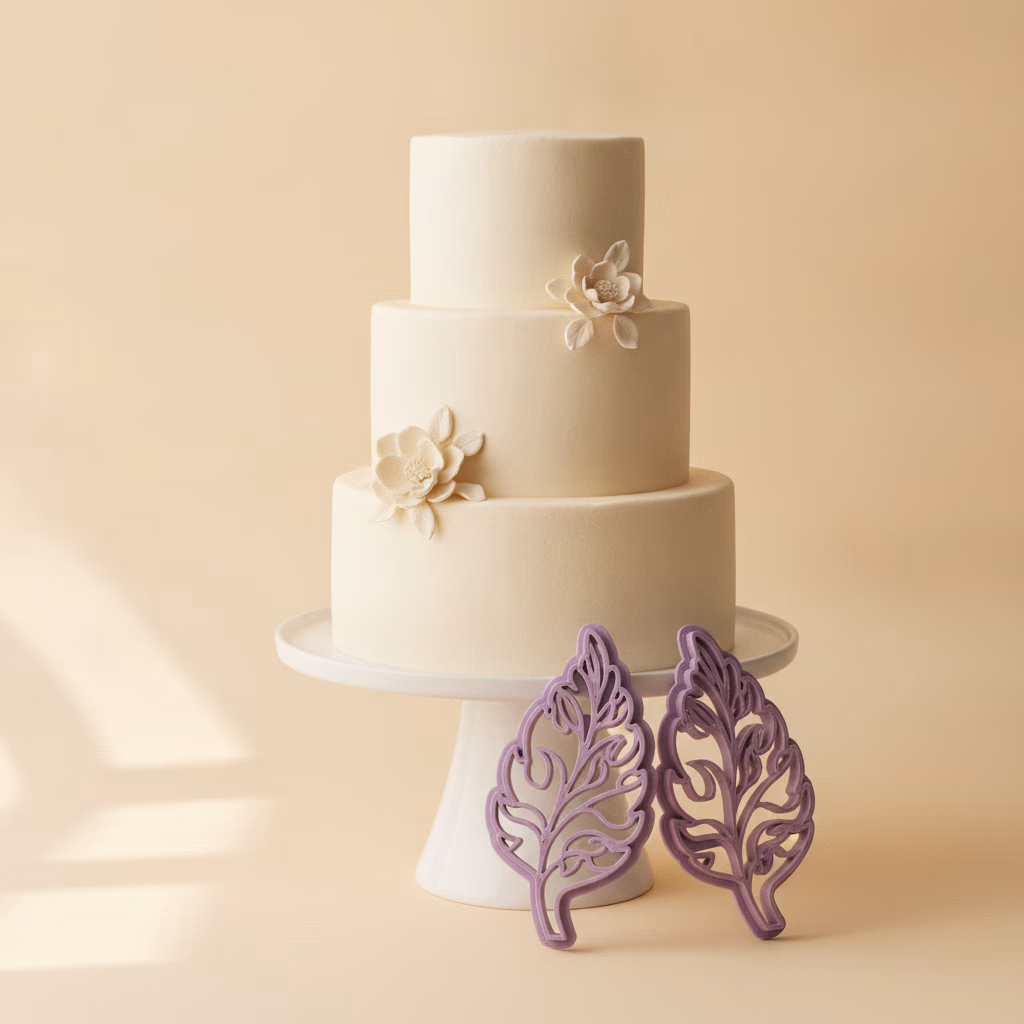 An ivory celebration cake with violet 3D-printed leaf cutters at its base.