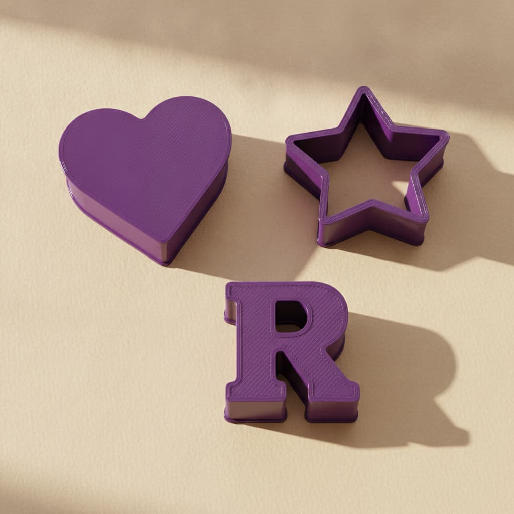Violet 3D-printed cookie cutters — a heart, a star, and a letter — on an ivory bench