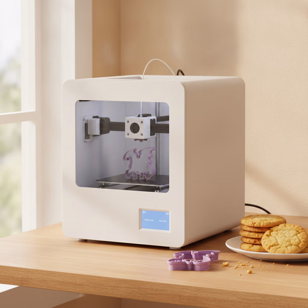 A compact desktop 3D printer printing a violet cookie cutter beside fresh cookies