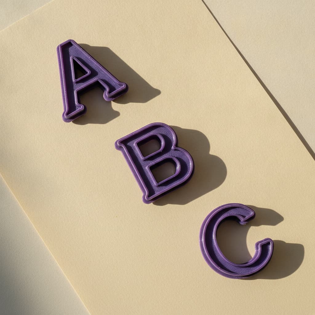 Violet 3D-printed alphabet letter cutters A, B, and C on ivory paper.